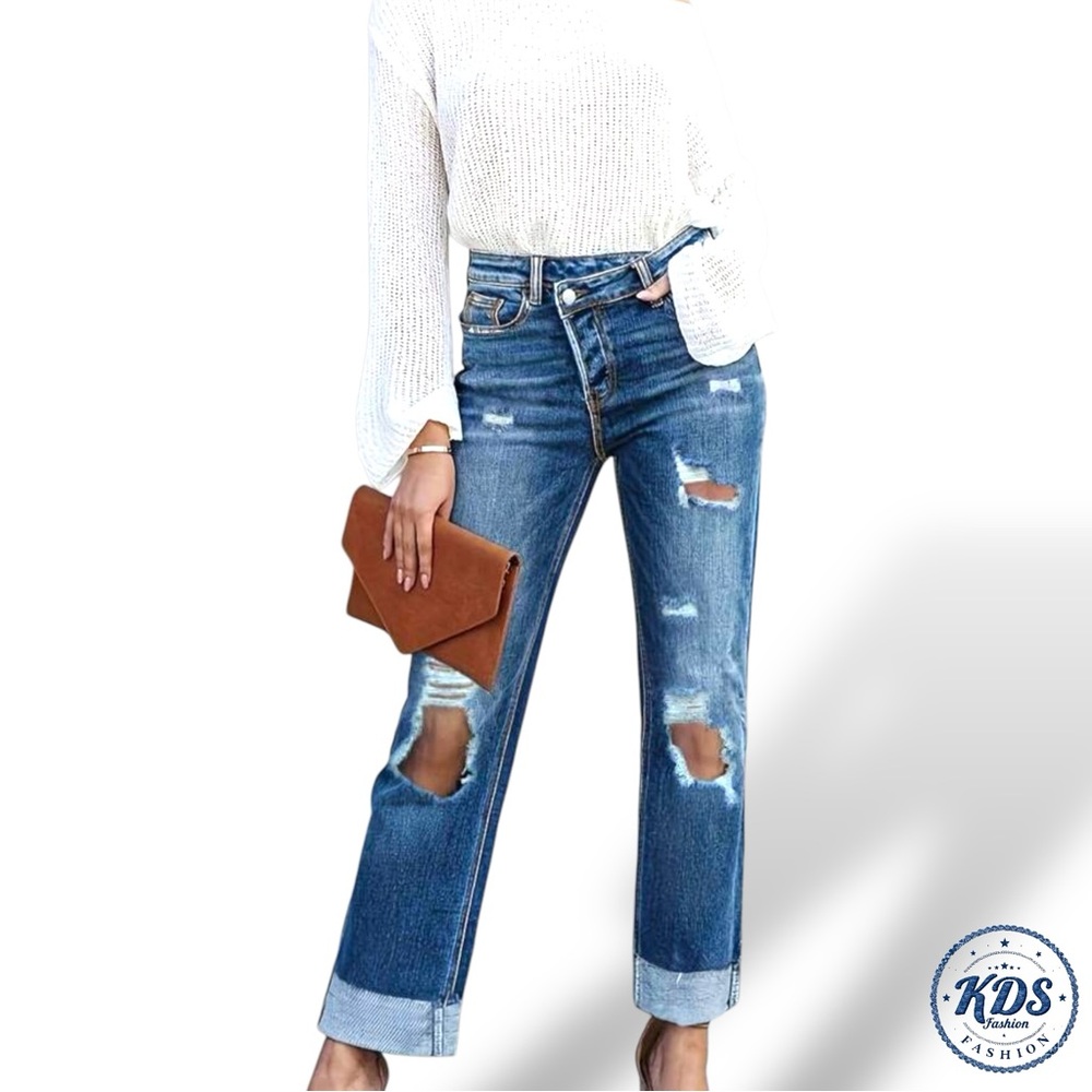 Distressed Asymmetrical Waistline Cropped Women’s Jeans 6 Medium NEW